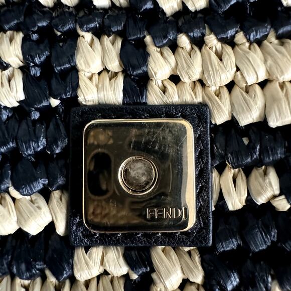NEW Fendi Raffia Vitello Grace FF Crochet Baguette Natural Black Crossbody Bag - Picture 8 of 14